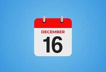Icon calendar day. 16 December. 16th days of the month, illustration style. Date day of week Sunday, Monday, Tuesday, Wednesday, Thursday, Friday, Saturday.