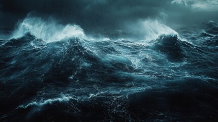 A stormy sea with large waves crashing under a dark sky