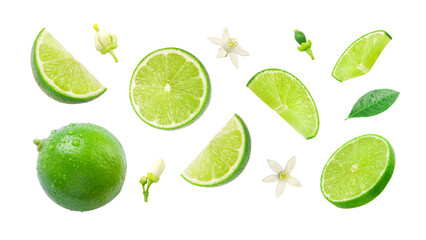 Lime has water drop with lime slices and flower texture isolated on white background , Clipping...