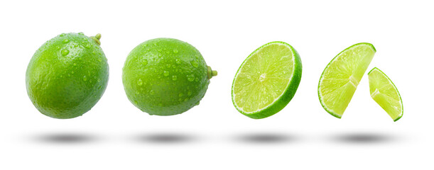 Set of lime has water drop with  lime slices isolated on white background , clipping path.