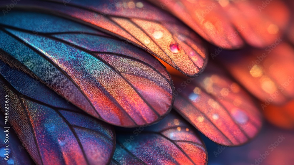 Poster close-up of iridescent butterfly wings with intricate patterns and texture
