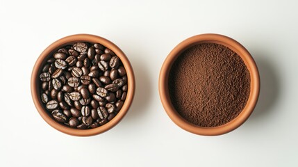 Two bowls of coffee beans and coffee powder