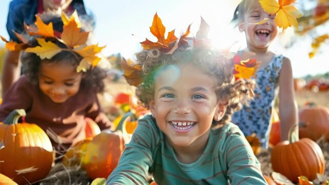 Joyful girl lies in a pumpkin patch with friends, wearing maple leaf crowns, enjoying autumn colors and sunlight
