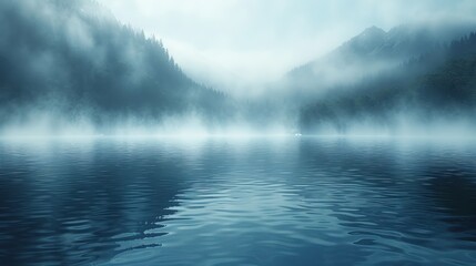 Fototapeta premium Misty mountain lake with calm, reflecting water.