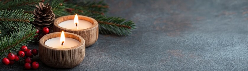 Artisan candle holders carved from wood, glowing softly on a rustic holiday table, with pine branches and berries as decor