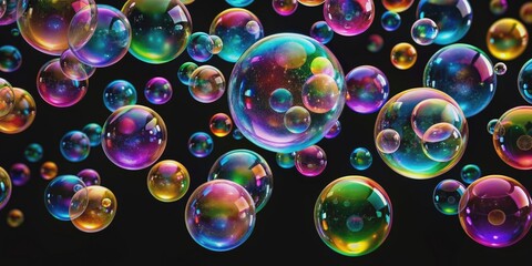Colorful magical bubbles floating on a dreamy black background, fantasy, vibrant, ethereal, whimsical, mystical