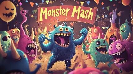 Happy Monster Party Celebration with Confetti and Flags