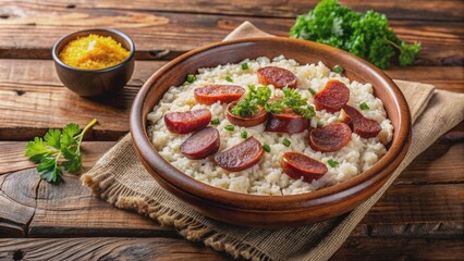 Traditional Brazilian dish Bai?o de Dois with sausage, curd cheese, dried beef and rice, Brazilian cuisine, food