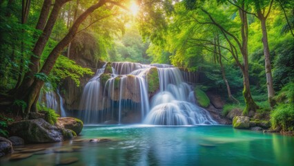 Obraz premium Serenity of a deep forest waterfall , enchanted, oasis, exploring, panoramic, nature, serene, tranquil, waterfall