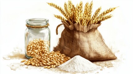 A jar of wheat and other grains is on a white background