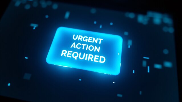 Glowing blue "Urgent Action Required" buttons set in digital, high-tech environments with an urgent and futuristic feel