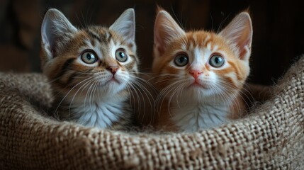 Two adorable kittens peeking out from a burlap sack, their big blue eyes and curious expressions capturing a moment of playful innocence.