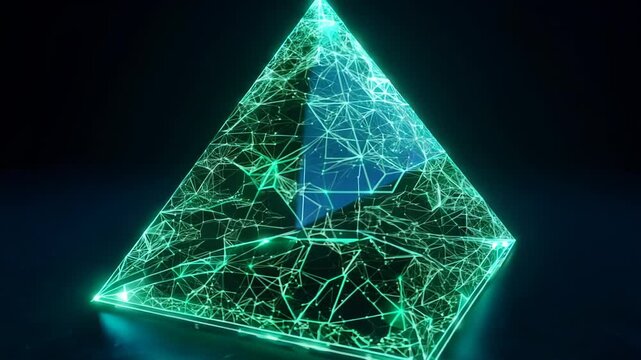 Ethereal void space. Rotating emerald green pyramid. Intricate tessellation patterns. Glowing network lines. Midnight blue background. Holographic illumination. Futuristic ambiance. Silent rotation. 