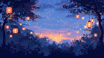 Obraz premium Evening sky with glowing lanterns and twinkling lights.