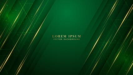 Green luxury background with triangle shape, diagonal golden lines, and glittering light effects