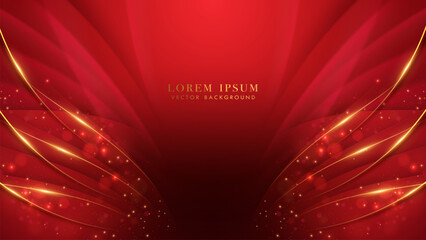 Luxury red background with golden curved lines, bokeh, and glittering light effects