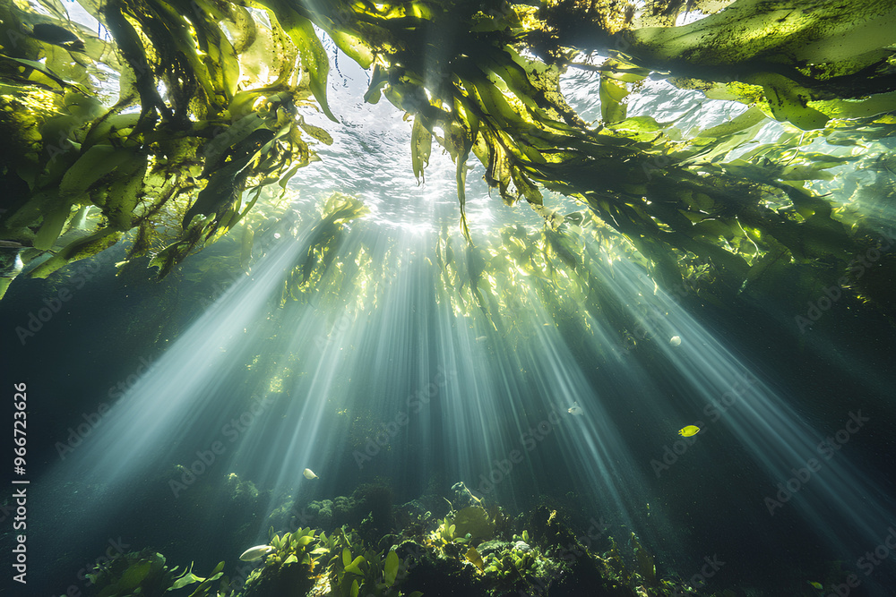 Poster underwater scene with sunlight filtering through kelp, creating a serene atmosphere.