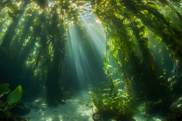 Obraz premium Underwater scene with sunlight filtering through kelp in a serene marine environment.