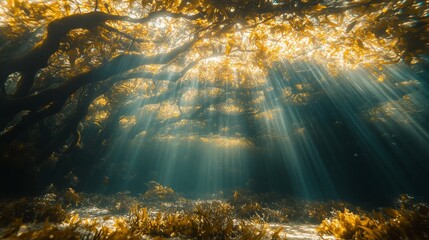 Obraz premium Underwater Sunbeams Illuminating Golden Kelp Forest