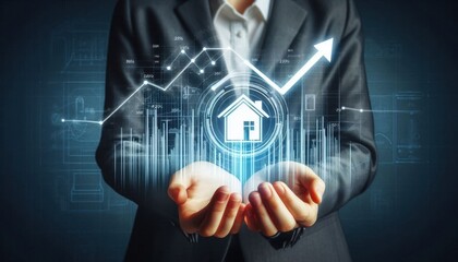 A business person's hand holding a holographic projection of a house icon surrounded by rising graph arrows, property market growth, investment opportunities, real estate analytics, futuristic technol