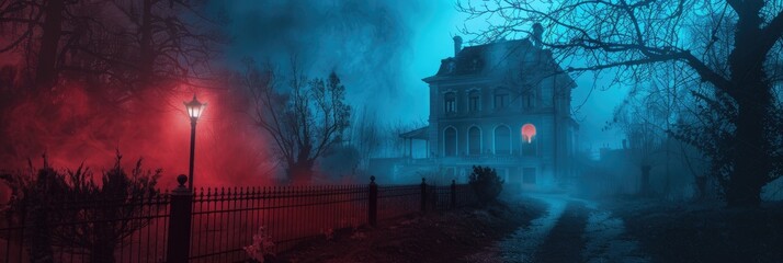 Mysterious and spooky haunted dwelling illuminated by a street lamp in shades of red and light blue during nighttime.