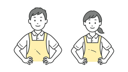 腰に手を当てて自信を見せる介護士男女の上半身イラスト
