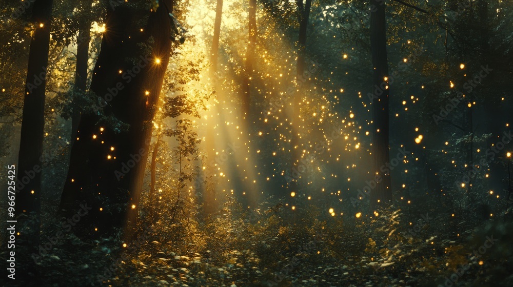 Poster golden light filtering through forest trees with fireflies