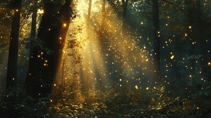 Obraz premium Golden Light Filtering Through Forest Trees With Fireflies