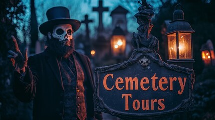 Cemetery Tours   Spooky Skeleton in Top Hat at Night