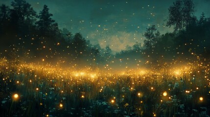 Naklejka premium Enchanting Forest Night with Glowing Fireflies