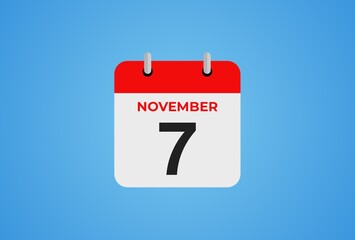 Icon calendar day. 7 November. 7th days of the month, illustration style. Date day of week Sunday, Monday, Tuesday, Wednesday, Thursday, Friday, Saturday.