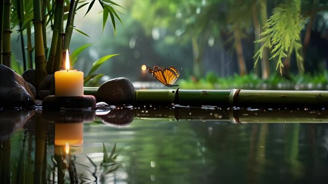A candle is lit on the river bank with some bamboo trees. Relaxing and comfortable atmosphere. Seamless 4K looping timelapse video animation background