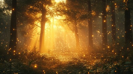 Golden Light Filtering Through Trees in a Foggy Forest