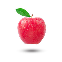 Flying red apple with green leaves has water drop isolated on white background. Clipping path.