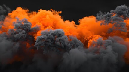 Abstract orange and grey smoke clouds against black background.