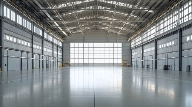 A large white airplane is parked in a large hangar. The hangar is empty and the airplane is the only thing visible