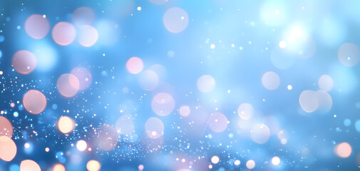 A beautiful background with shiny lights and a bokeh effect on a blue gradient, Christmas decoration.