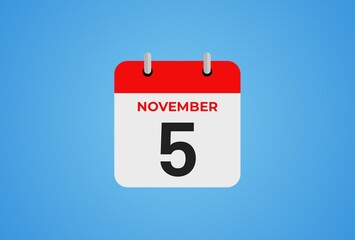 Icon calendar day. 5 November. 5th days of the month, illustration style. Date day of week Sunday, Monday, Tuesday, Wednesday, Thursday, Friday, Saturday.