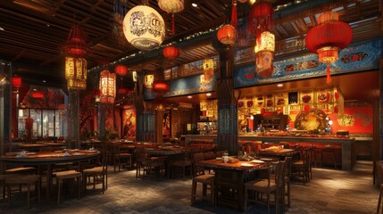 Naklejka premium Traditional Chinese Restaurant Interior with Red Lanterns and Wooden Furnishings