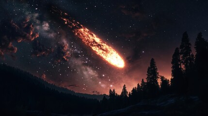 A bright orange meteor is streaking through the sky above a forest. The scene is dark and mysterious, with the stars twinkling in the background. The meteor's fiery trail creates a sense of awe