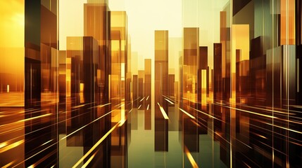 Obraz premium A cityscape with tall buildings and a river in the background. The buildings are made of glass and the sky is a mix of orange and yellow