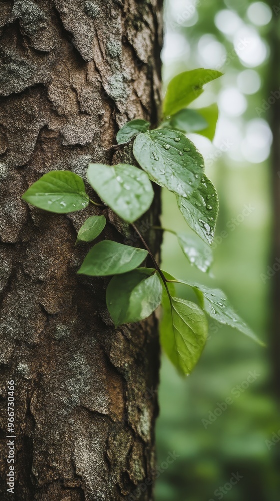 Poster close-up of tree bark with green leaves and rain droplets in a forest setting