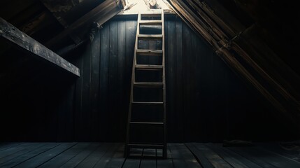 A dark room with a wooden ladder leading up to the ceiling. The ladder is old and worn, and the room is dimly lit