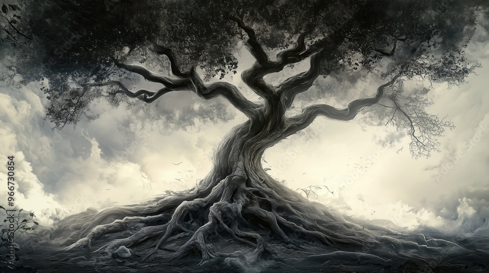 Poster a large tree with roots that are spread out and reaching deep into the ground. the image has a mood 
