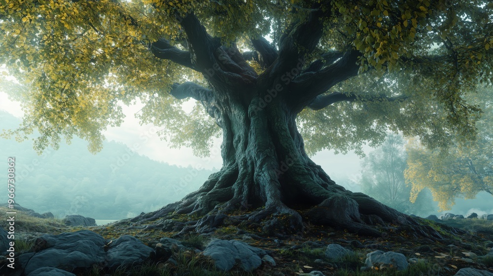 Poster a large tree with a trunk that is green and brown. the tree is surrounded by rocks and grass