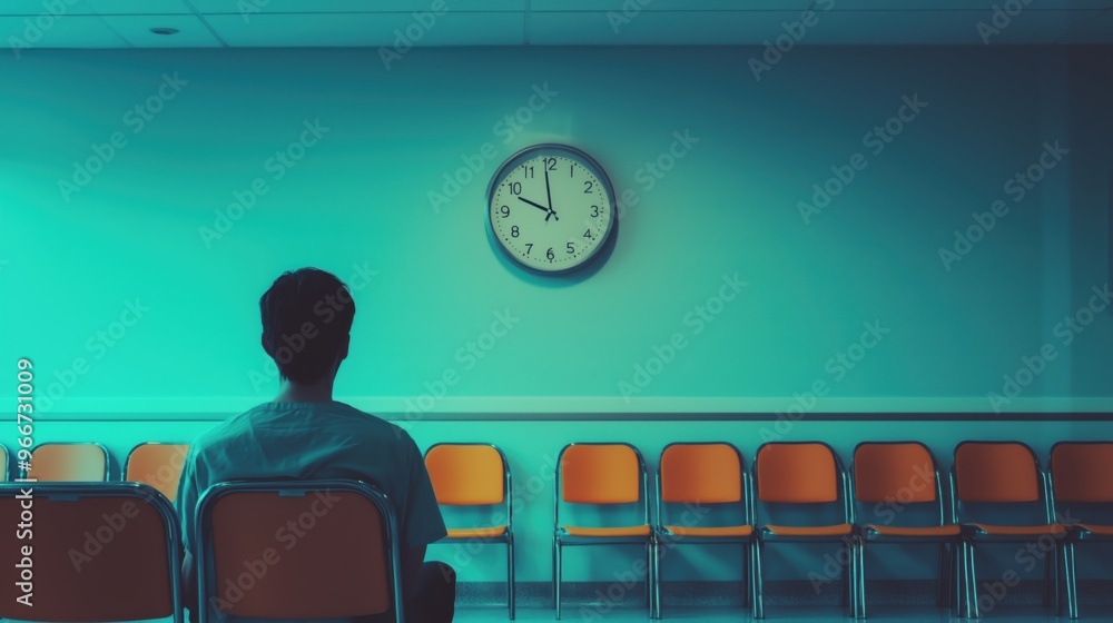 Poster a man sits in a chair in a waiting room with a clock on the wall. the clock shows that it is almost 