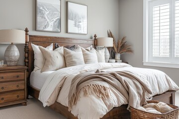 Contemporary bedroom with solid wood queen bed, grey walls, and white furnishings, featuring elegant headboard and stylish lamps.