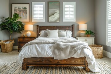 Contemporary bedroom with solid wood queen bed, grey walls, and white furnishings, featuring elegant headboard and stylish lamps.