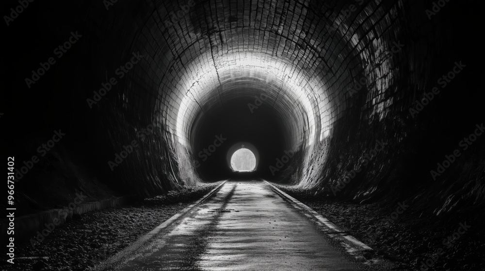 Aufkleber a tunnel with a light shining on it. the tunnel is dark and empty