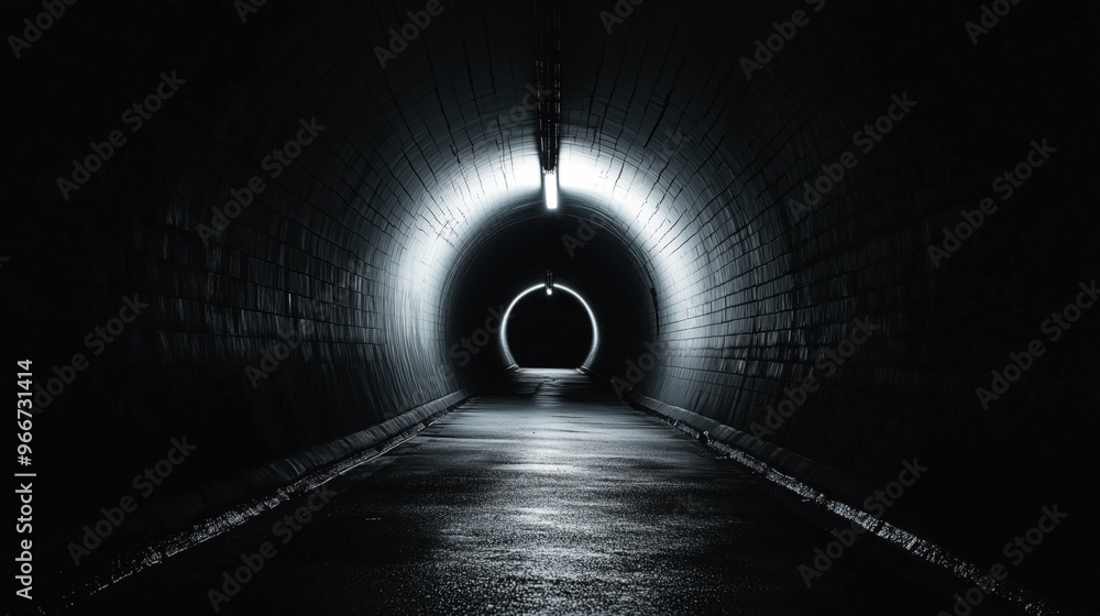 Aufkleber a tunnel with a light shining in the middle. the tunnel is dark and empty